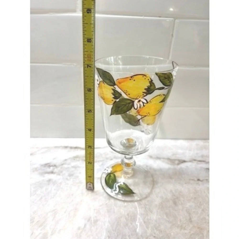 Vintage Lemon Motif Hand Painted Stem Glasses Set 3 Italian Style Citrus Goblets